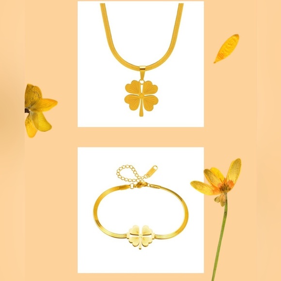18K Gold Plated Necklace & Bracelet in Set, Four-Clover Leaf Stainless Steel-NEW - Picture 2 of 12